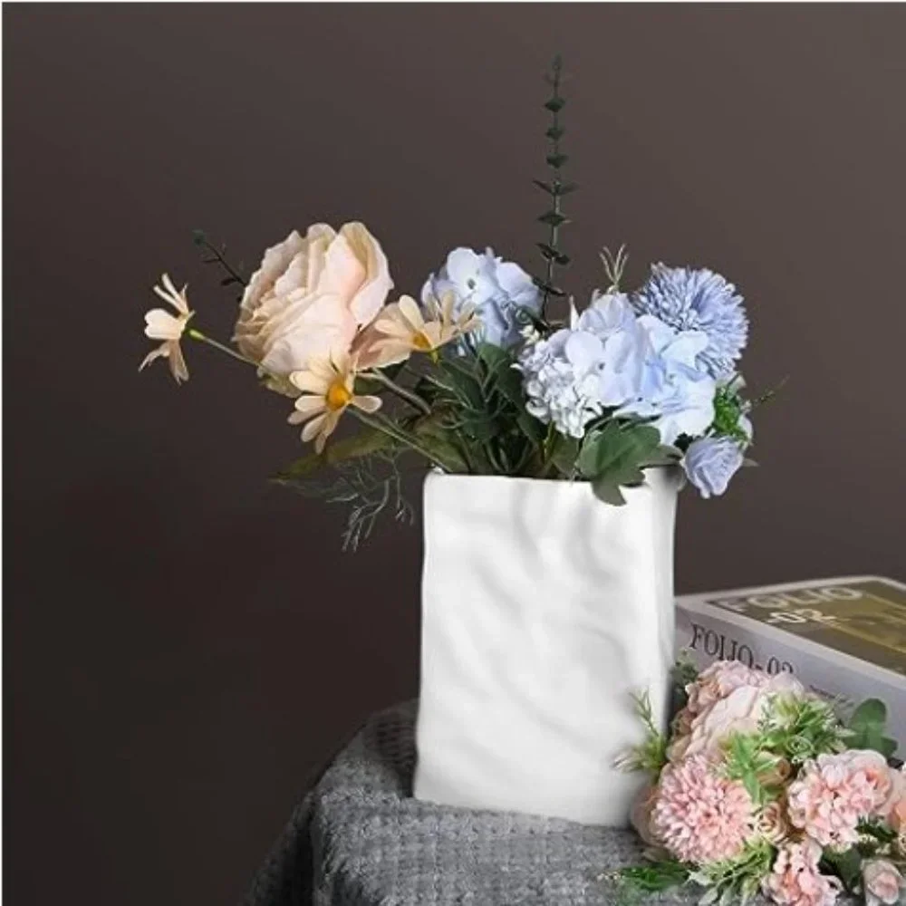 Crinkle Paper-Bag Shaped Ceramic Vase  (Matte White)